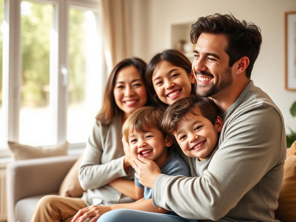 Smiling family with two children at home