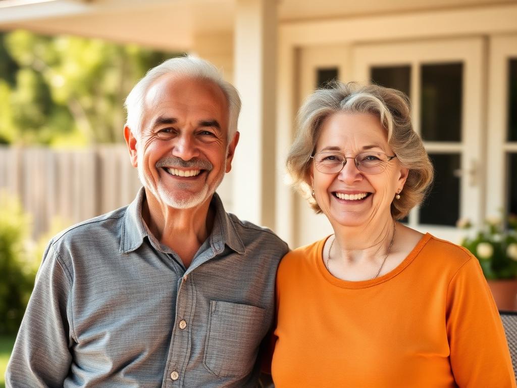 Happy older couple smiling on their porch