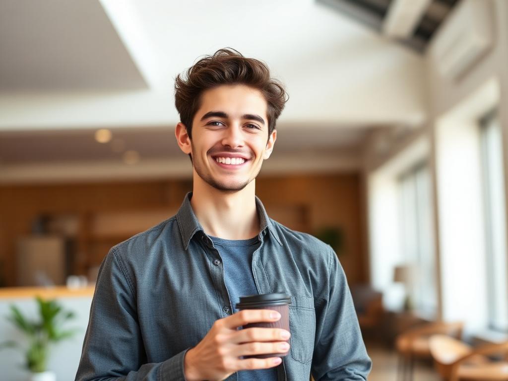 Young adult smiling in a bright modern space